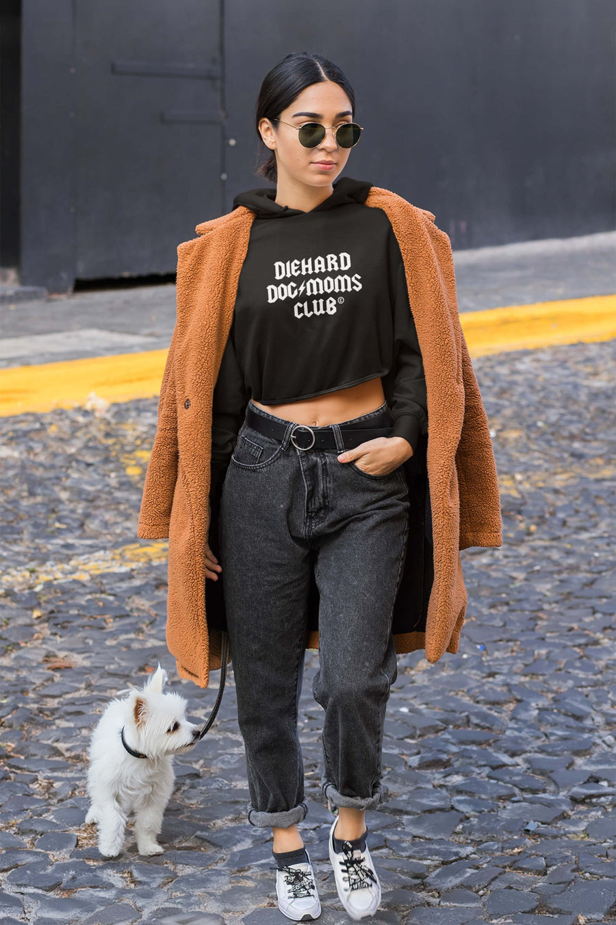 Model wearing the black Diehard Dog Moms Club Crop Hoodie from WOOF