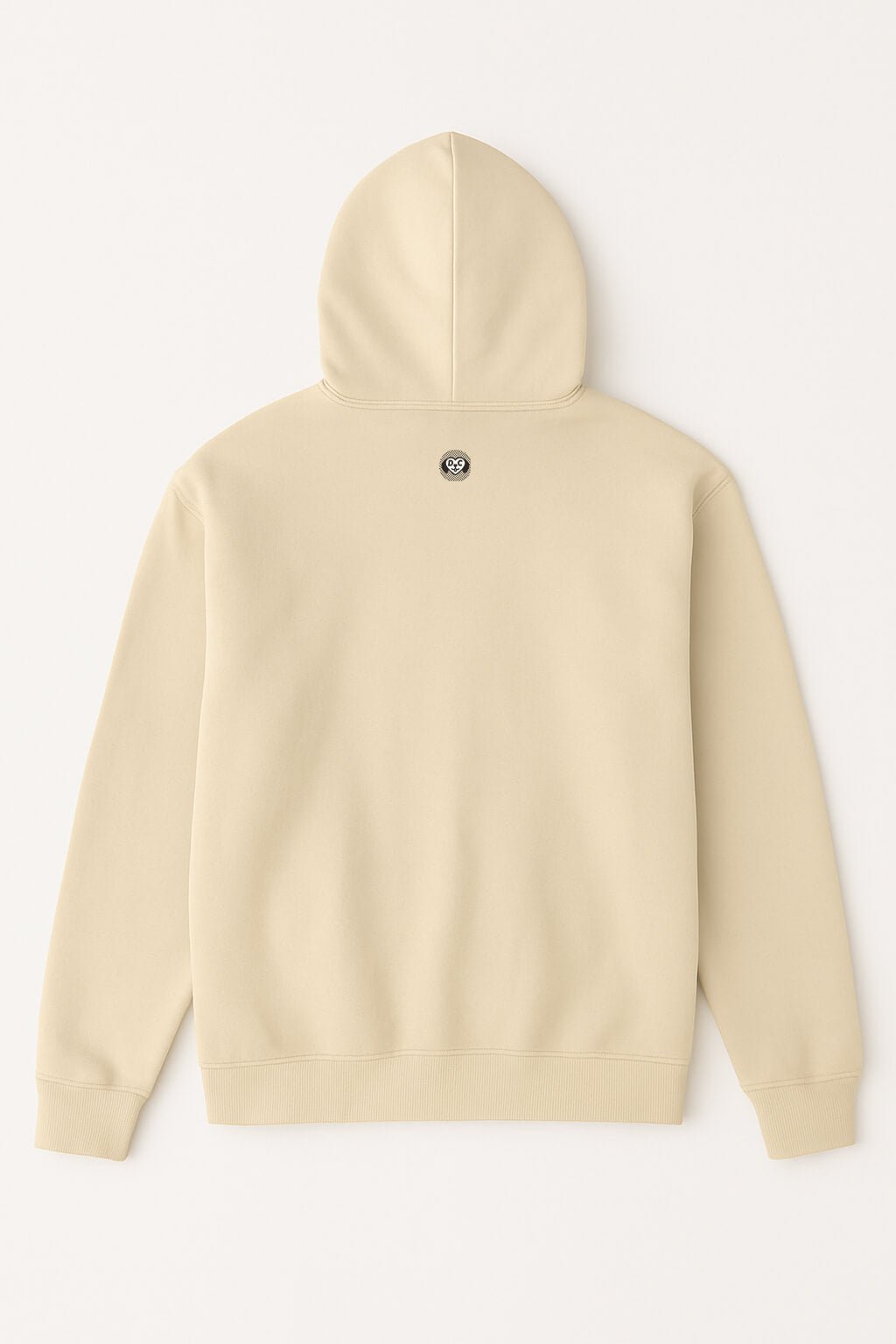 Dogloverclothing.coms Dog Mom Hoodie in beige features long sleeves, ribbed cuffs and hem, and a small black-and-white paw-print patch below the hood on the back.