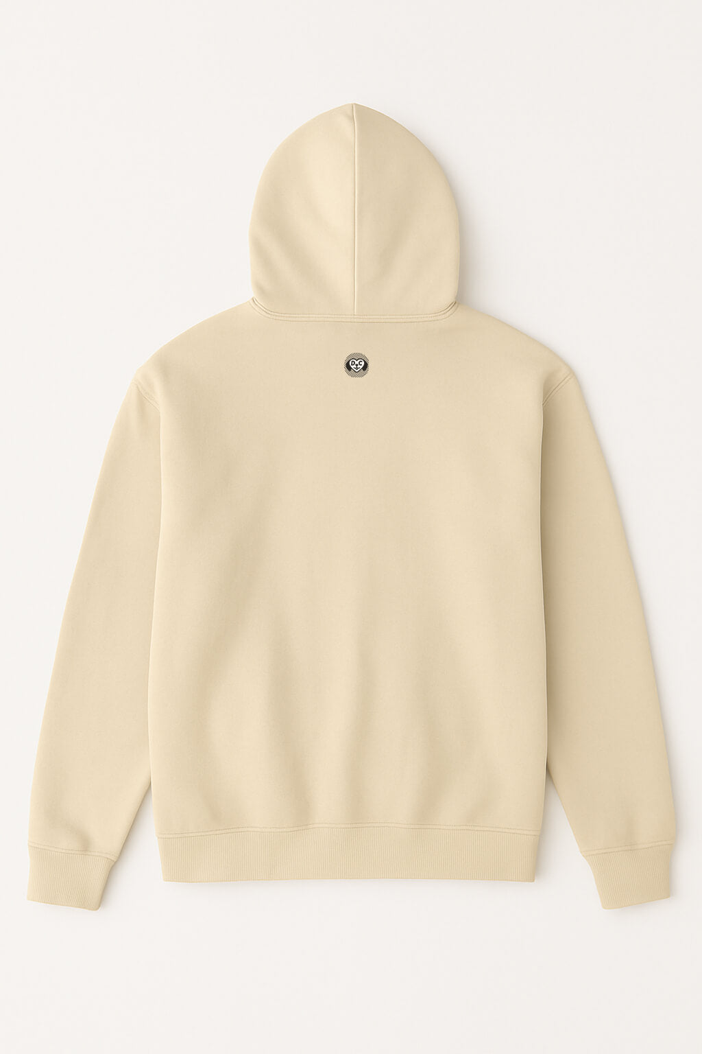 Dogloverclothing.coms Dog Mom Hoodie in beige features long sleeves, ribbed cuffs and hem, and a small black-and-white paw-print patch below the hood on the back.