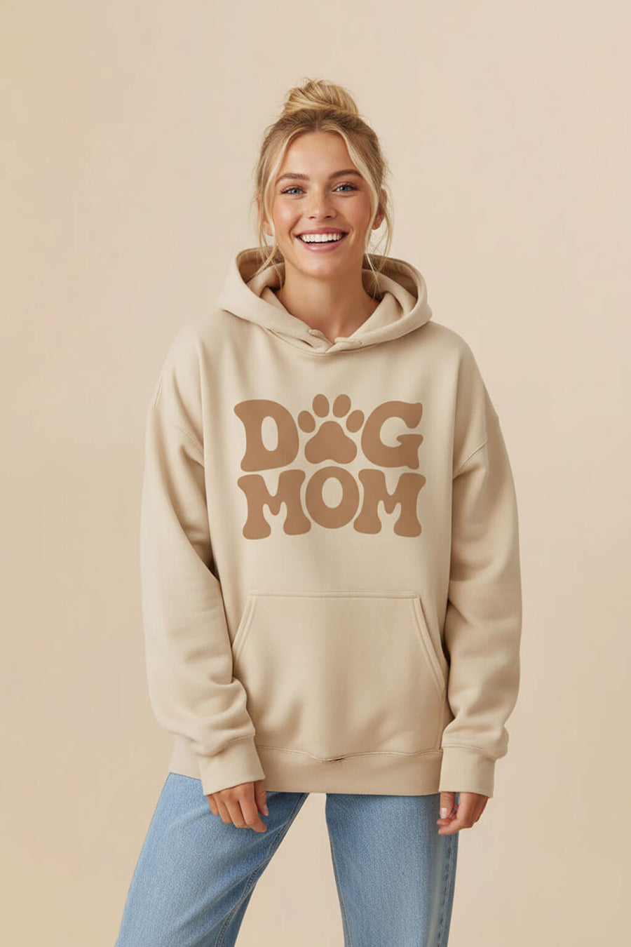 Beige Dog Mom Hoodie from WOOF, front view with the Dog Mom print