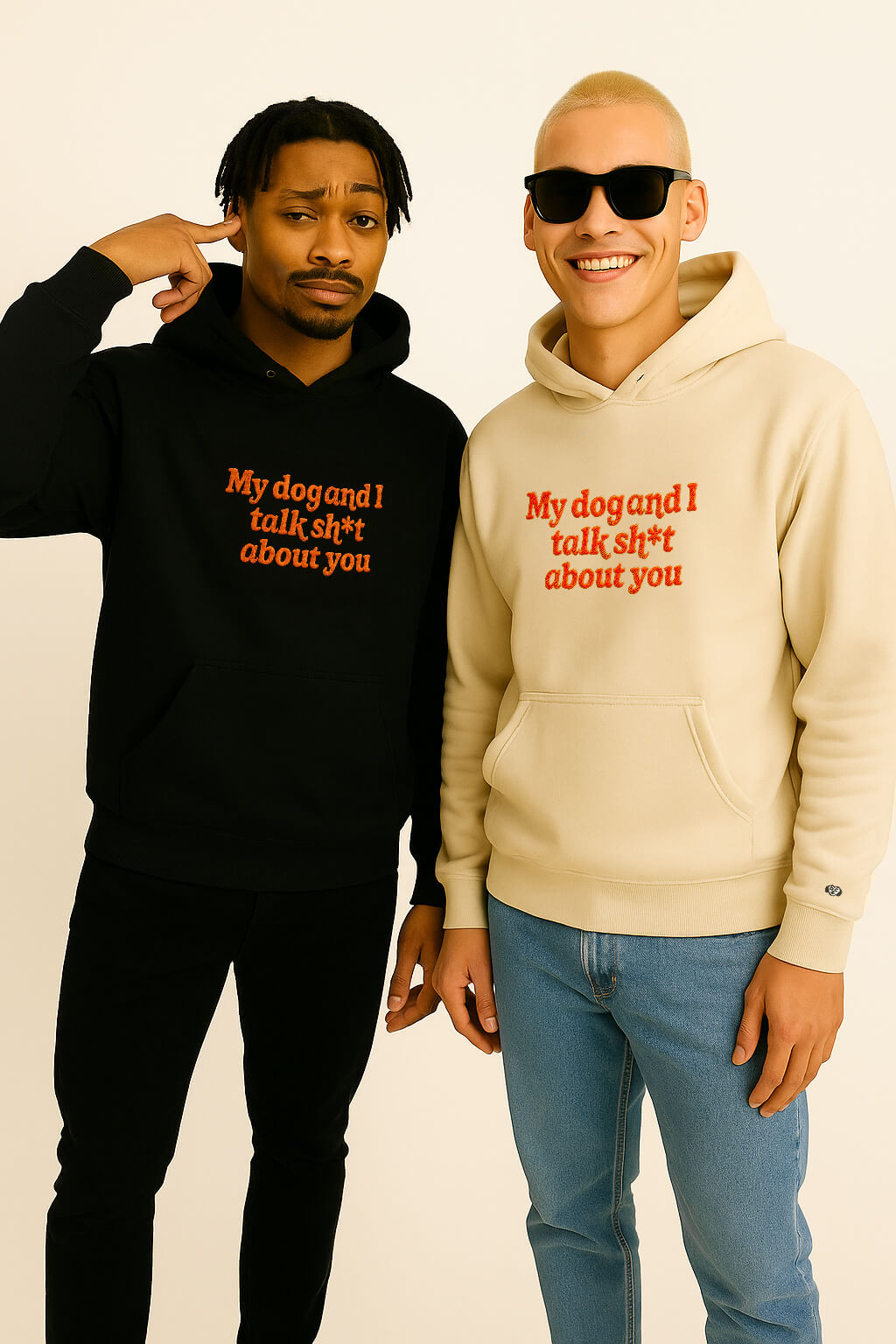 Two men smile together—one in a black and one in a cream Bold My Dog And I Talk Embroidered Hoodie by Dogloverclothing.com. Both classic fit hoodies boast red My dog and I talk sh*t about you text, offering maximum comfort and style.
