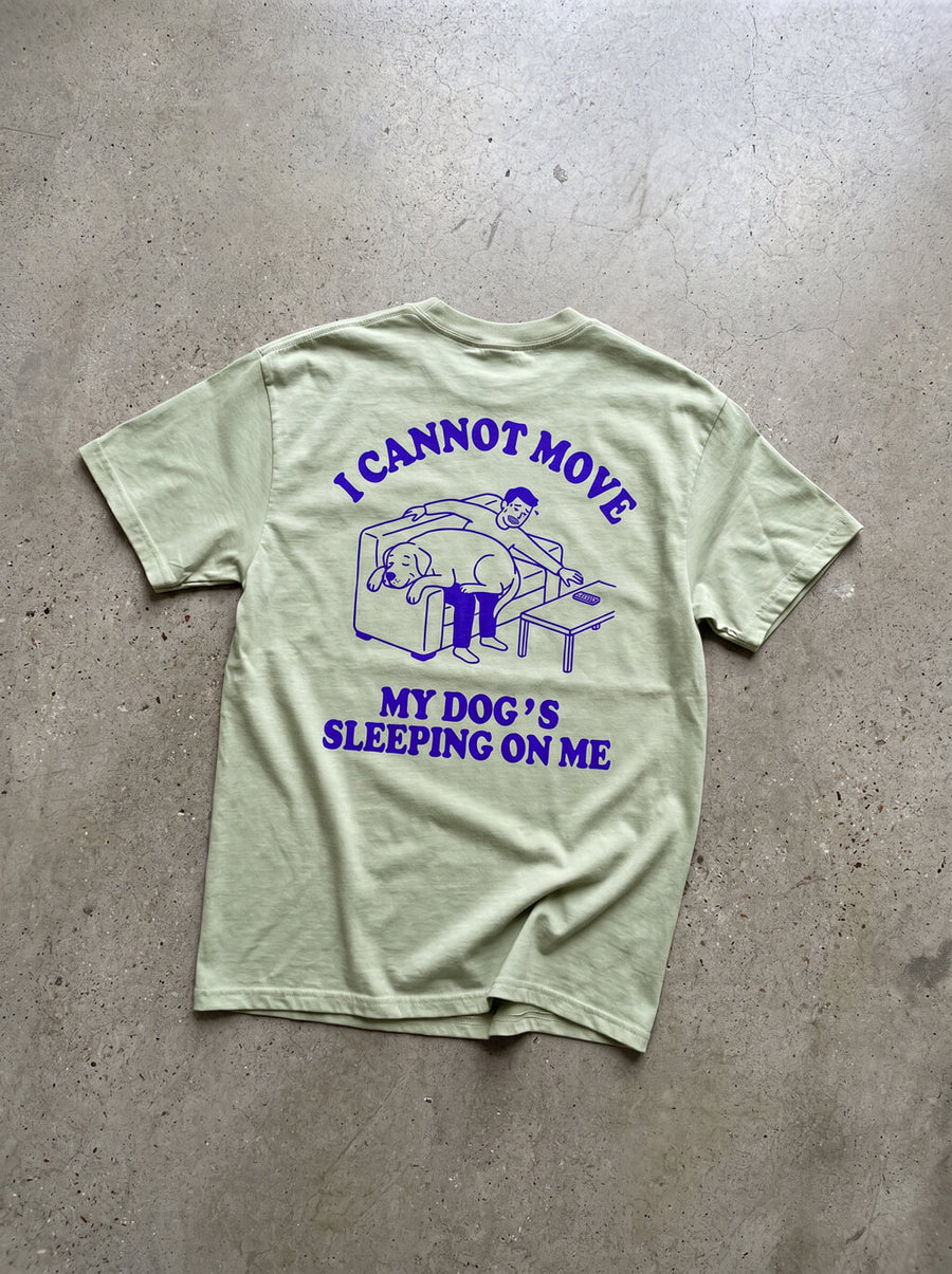 White Sleeping Dog T-Shirt from WOOF laid flat, front view