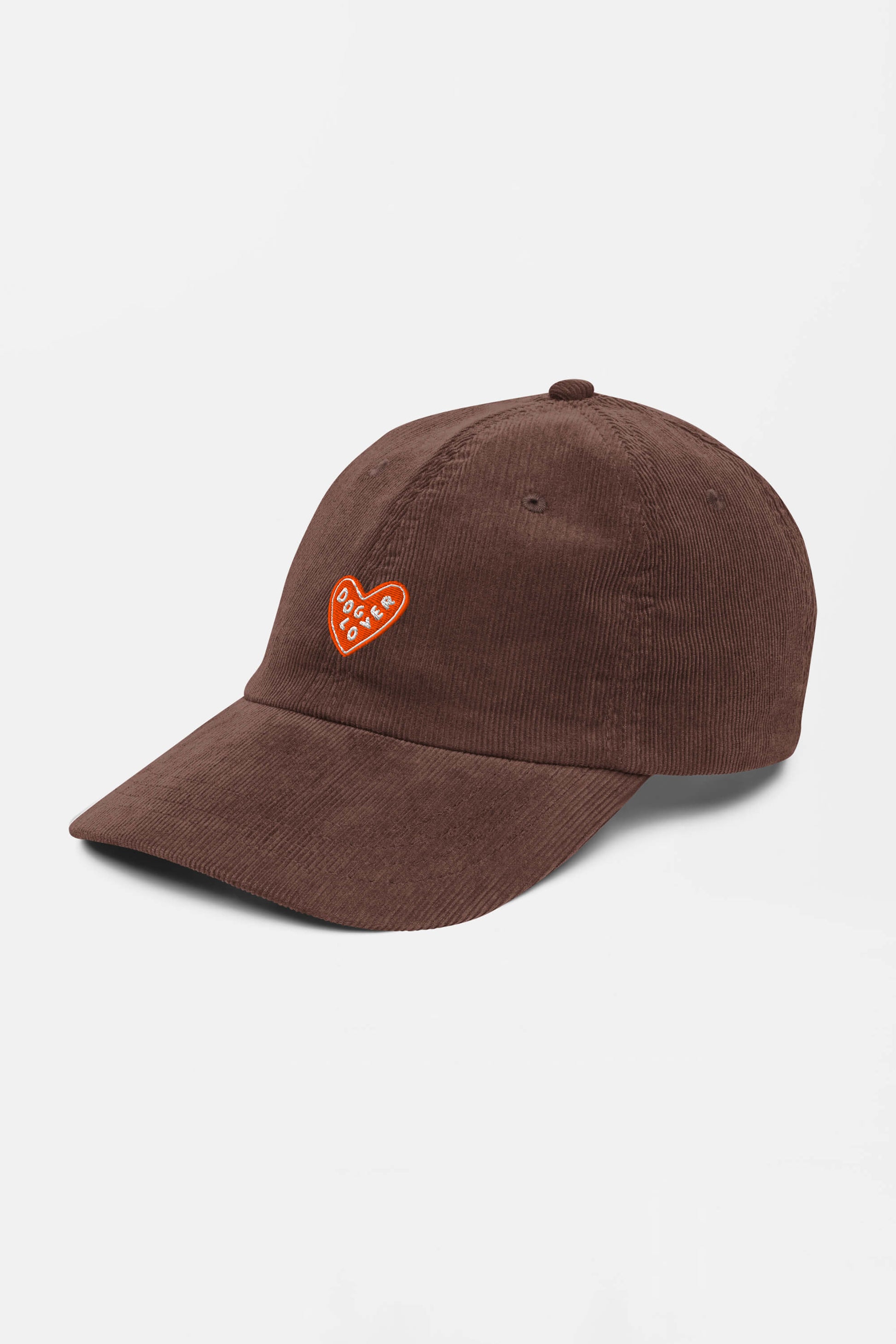 The Limited Dog Lover Corduroy Cap by Dogloverclothing.com features a brown corduroy design, curved brim, and an adjustable fit. A small red heart patch embroidered with Mixed Emotions in white decorates the front for vintage style.