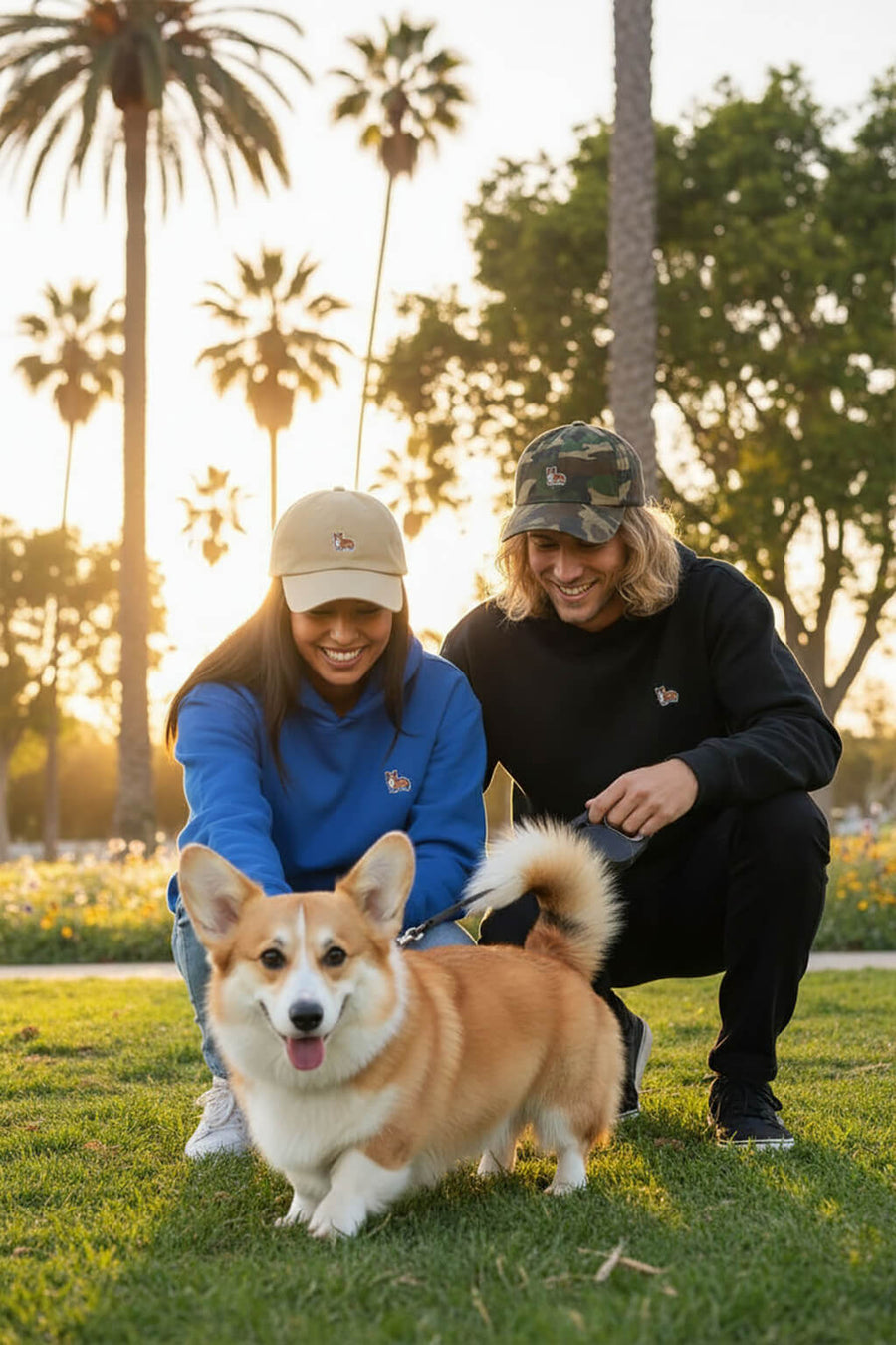 Iconic Corgi Baseball Cap from WOOF worn outdoors, beige camo