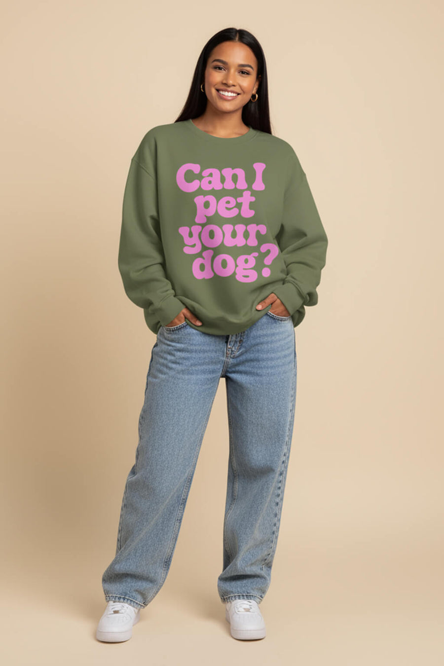 Military green Can I Pet Your Dog Sweatshirt from WOOF, front view