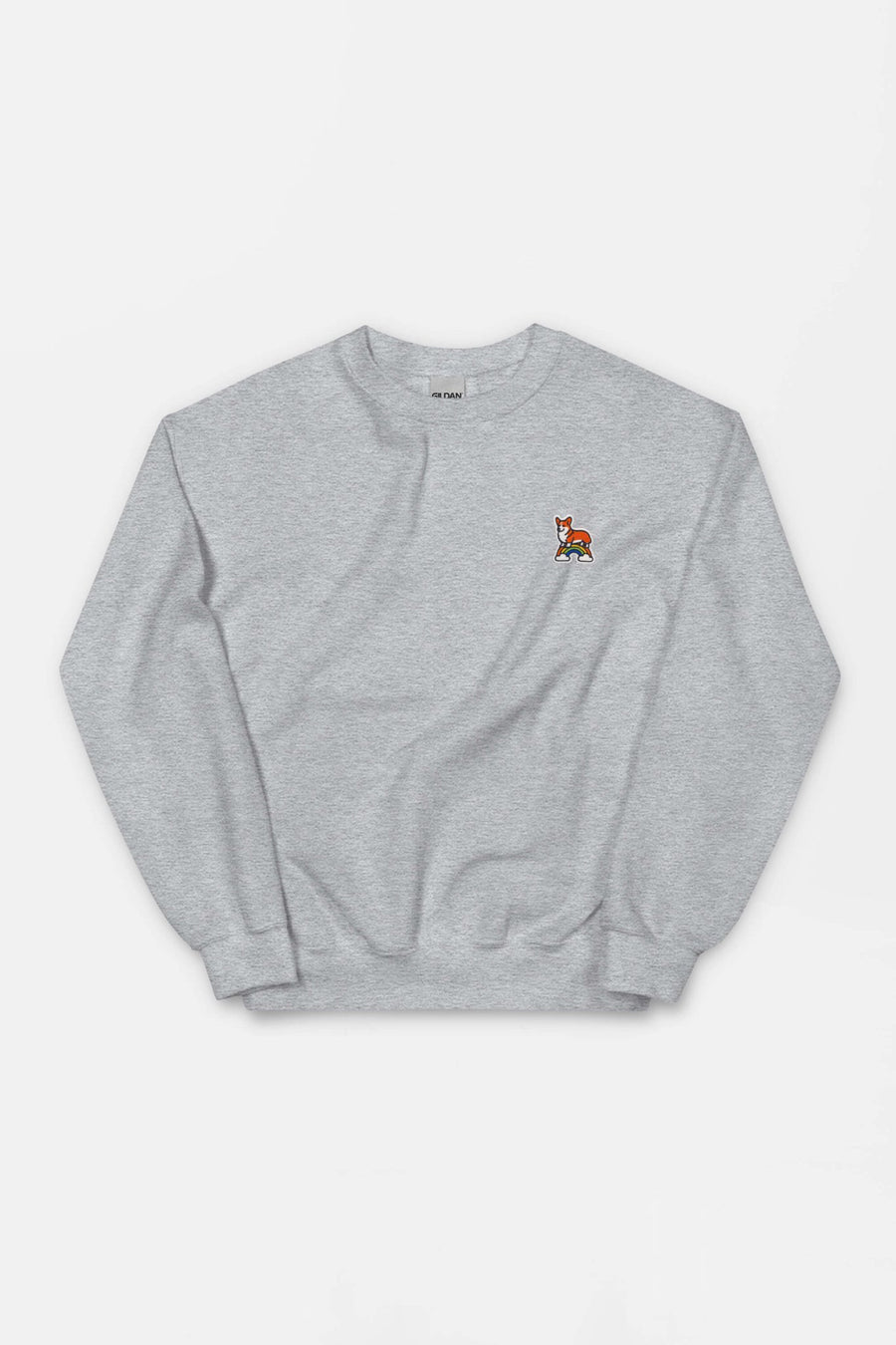 Rainbow Bridge Corgi Sweatshirt from WOOF in sports grey on a plain background