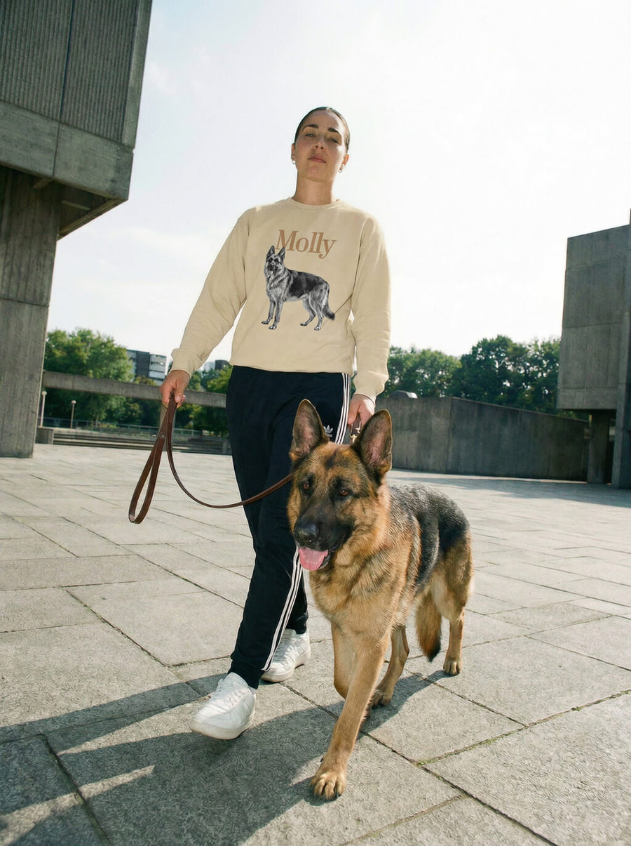 Beige custom dog sketch sweatshirt from WOOF, front view