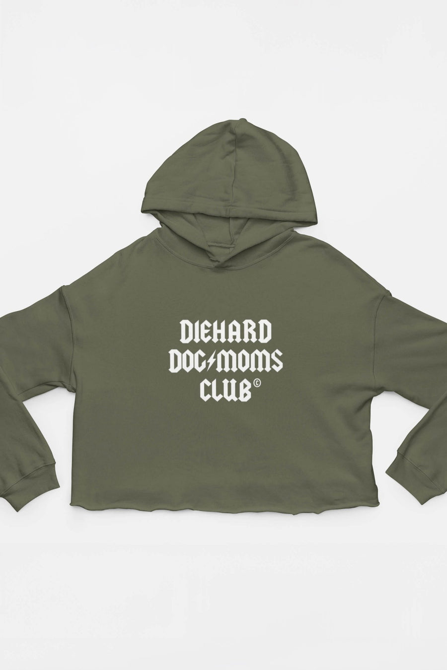 Diehard Dog Moms Club Crop Hoodie from WOOF in military green on a plain background