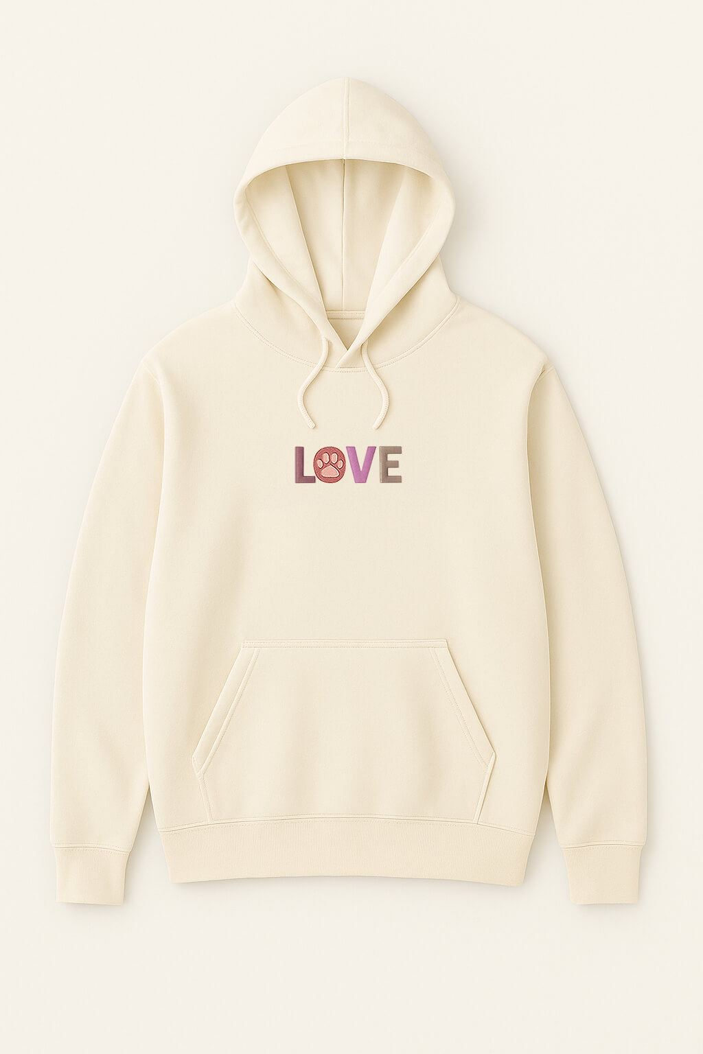 The Super Soft Dog Love Hoodie from Dogloverclothing.com features a cream color, front pocket, and LOVE embroidery with a pink paw print O—a cozy choice for any proud dog parent.