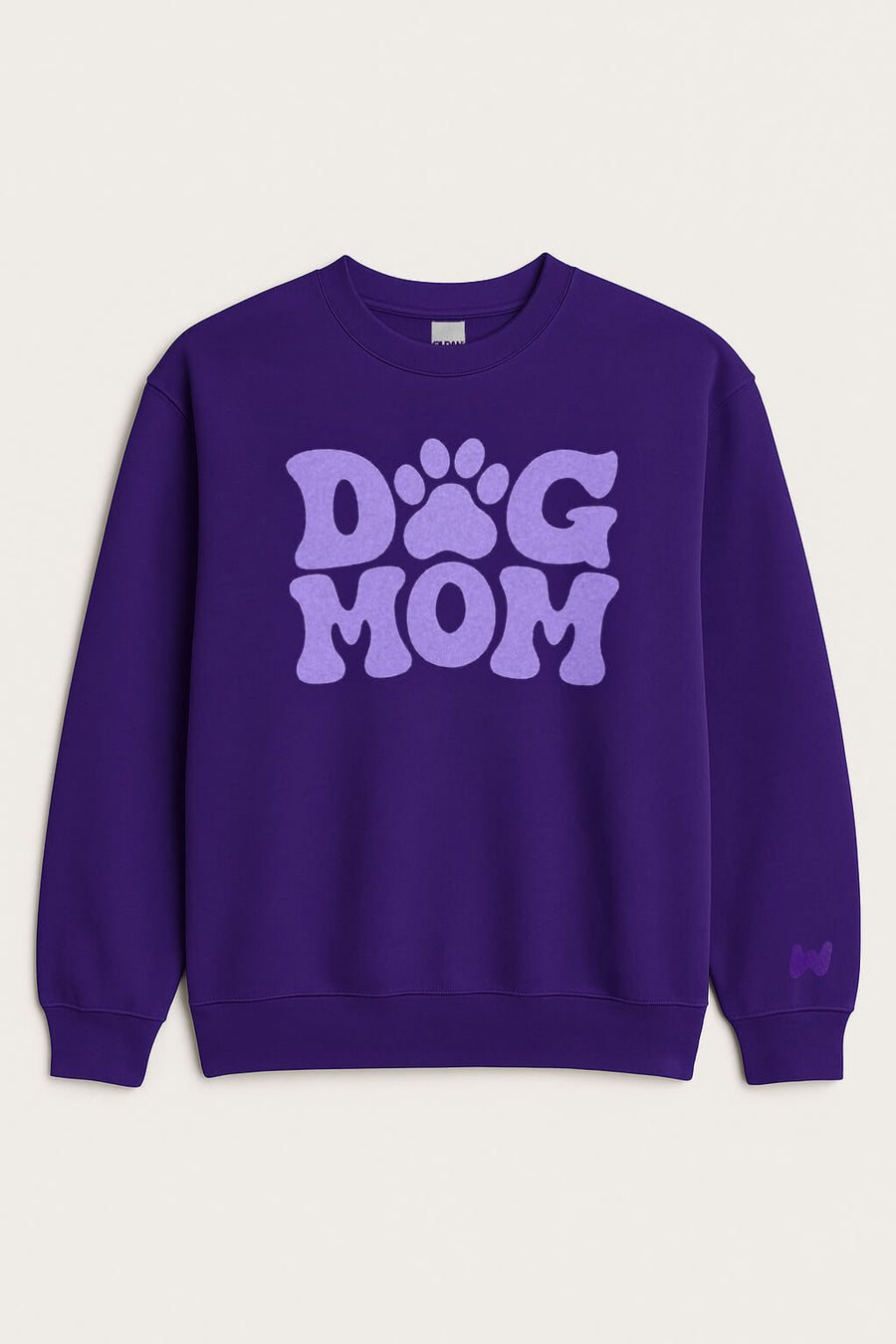 Purple Stylish Dog Mom Sweatshirt from WOOF laid flat, front view