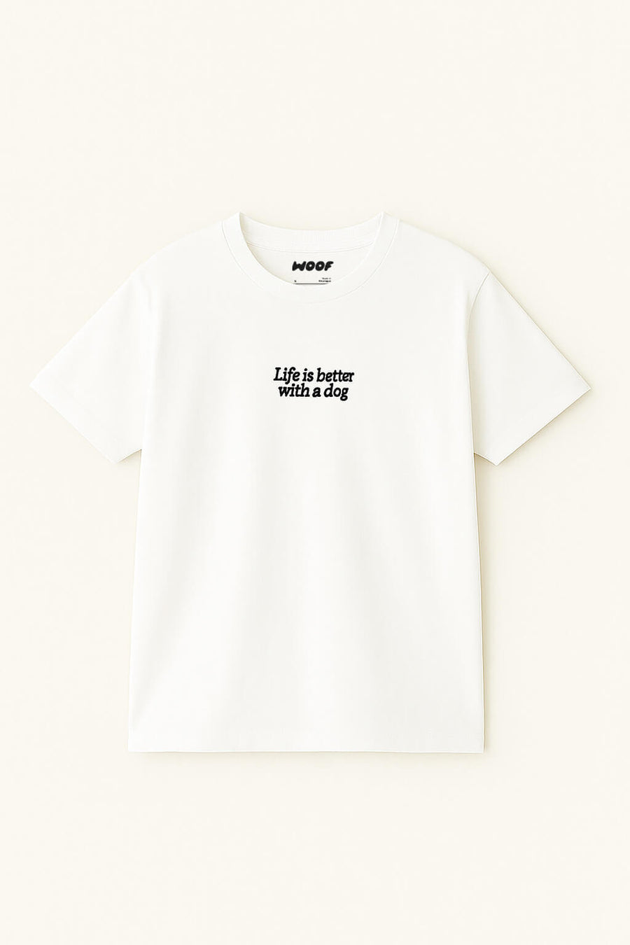 White embroidered Life is Better with a Dog T-Shirt from WOOF laid flat, front