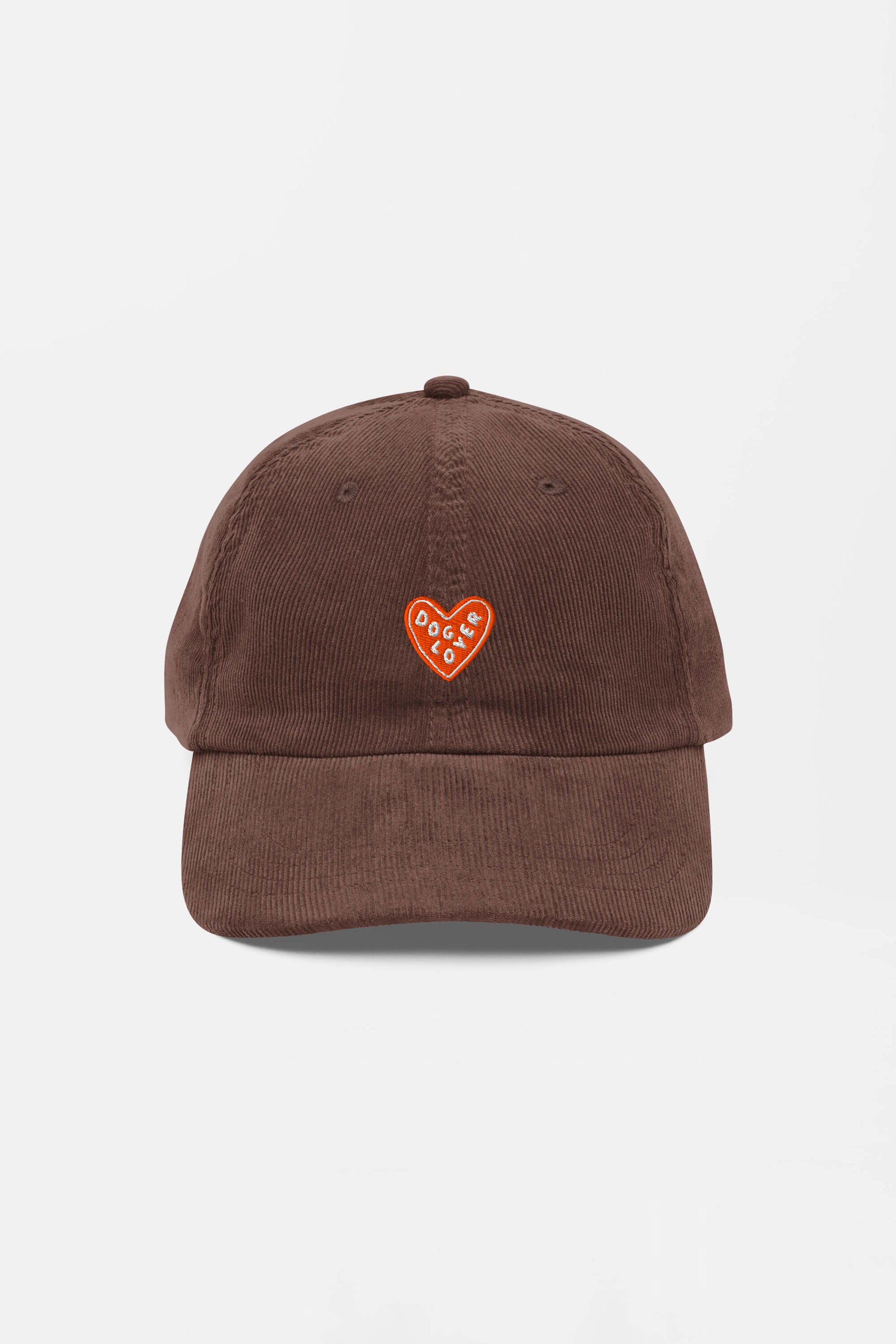 The Limited Dog Lover Corduroy Cap by Dogloverclothing.com is a brown, adjustable vintage hat with a red heart patch reading “POCKET” in white, displayed against a plain white background.