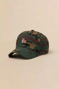 Camo Iconic Corgi Baseball Cap from WOOF, close front view of the stitching