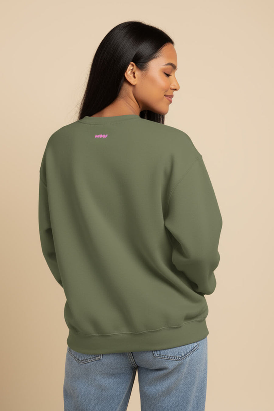 Back of the military green Can I Pet Your Dog Sweatshirt from WOOF
