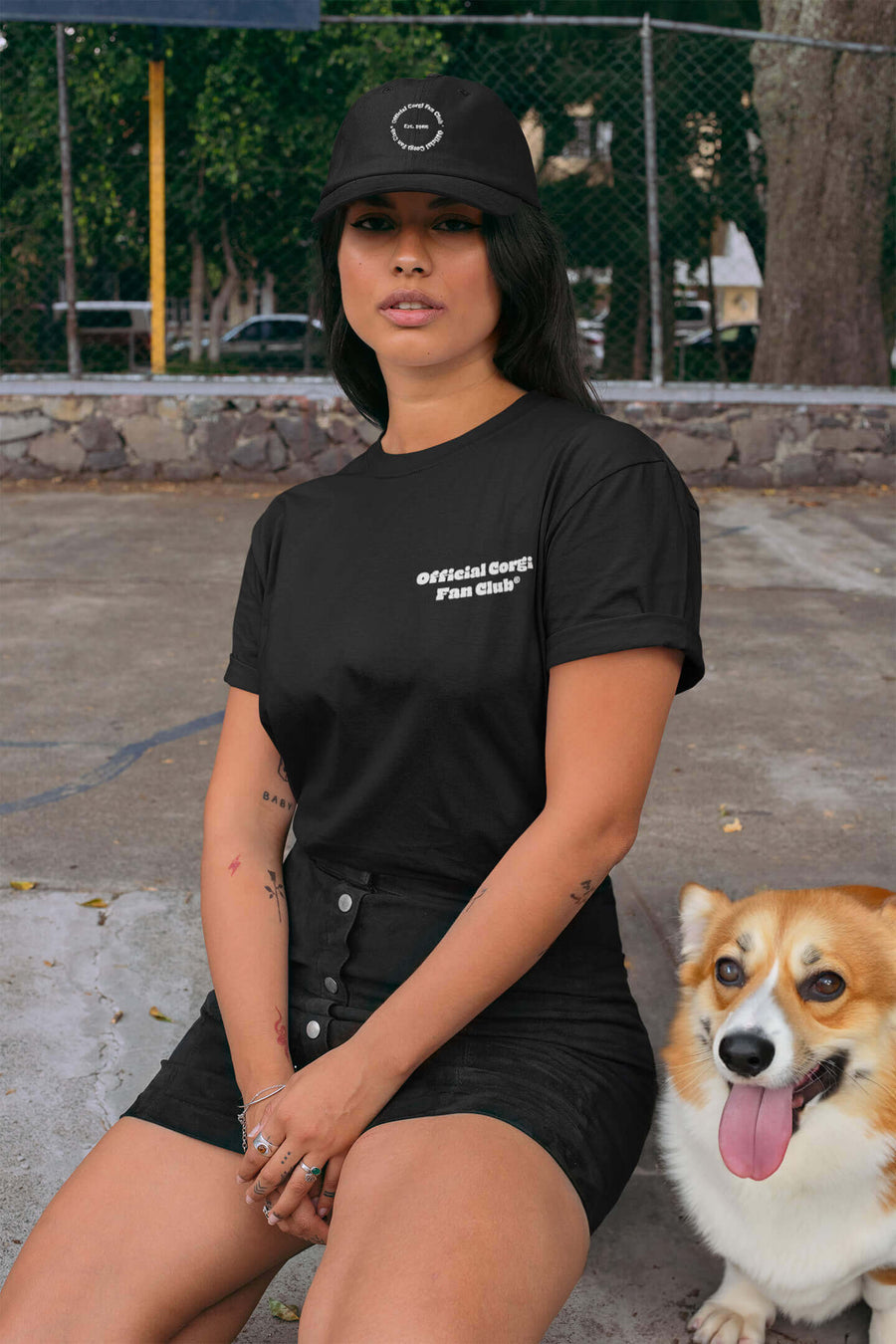 Black Corgi Fan Club T-Shirt from WOOF laid flat, front view