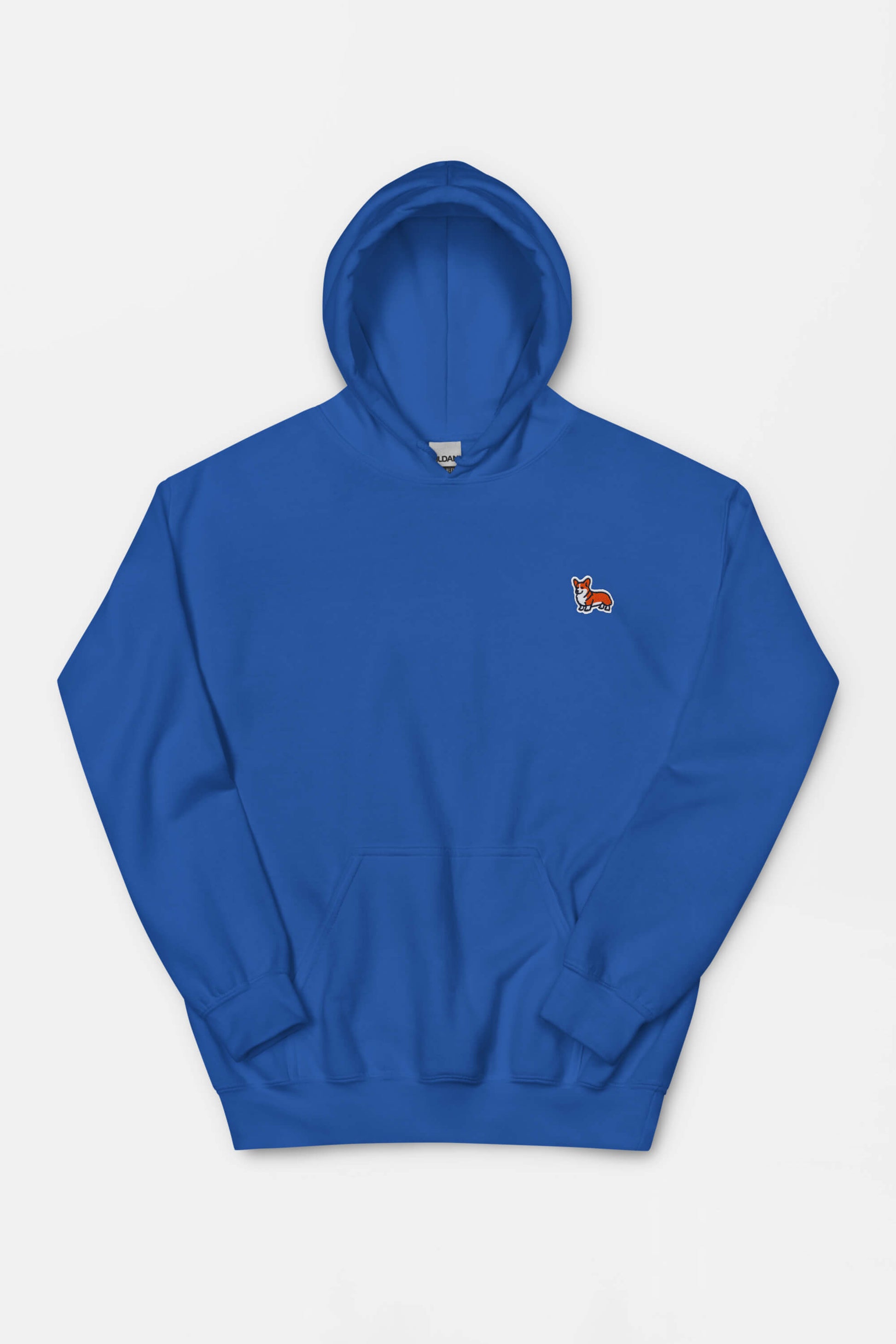 The Classic Corgi Sidekick Embroidered Unisex Hoodie from Dogloverclothing.com features a kangaroo pouch pocket, an embroidered red fox on the left chest, and promises ultimate comfort for corgi lovers. Displayed on a white background, it’s ideal for cozy adventures.