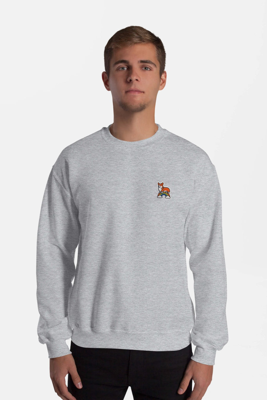 Sports grey Rainbow Bridge Corgi Sweatshirt from WOOF, front view