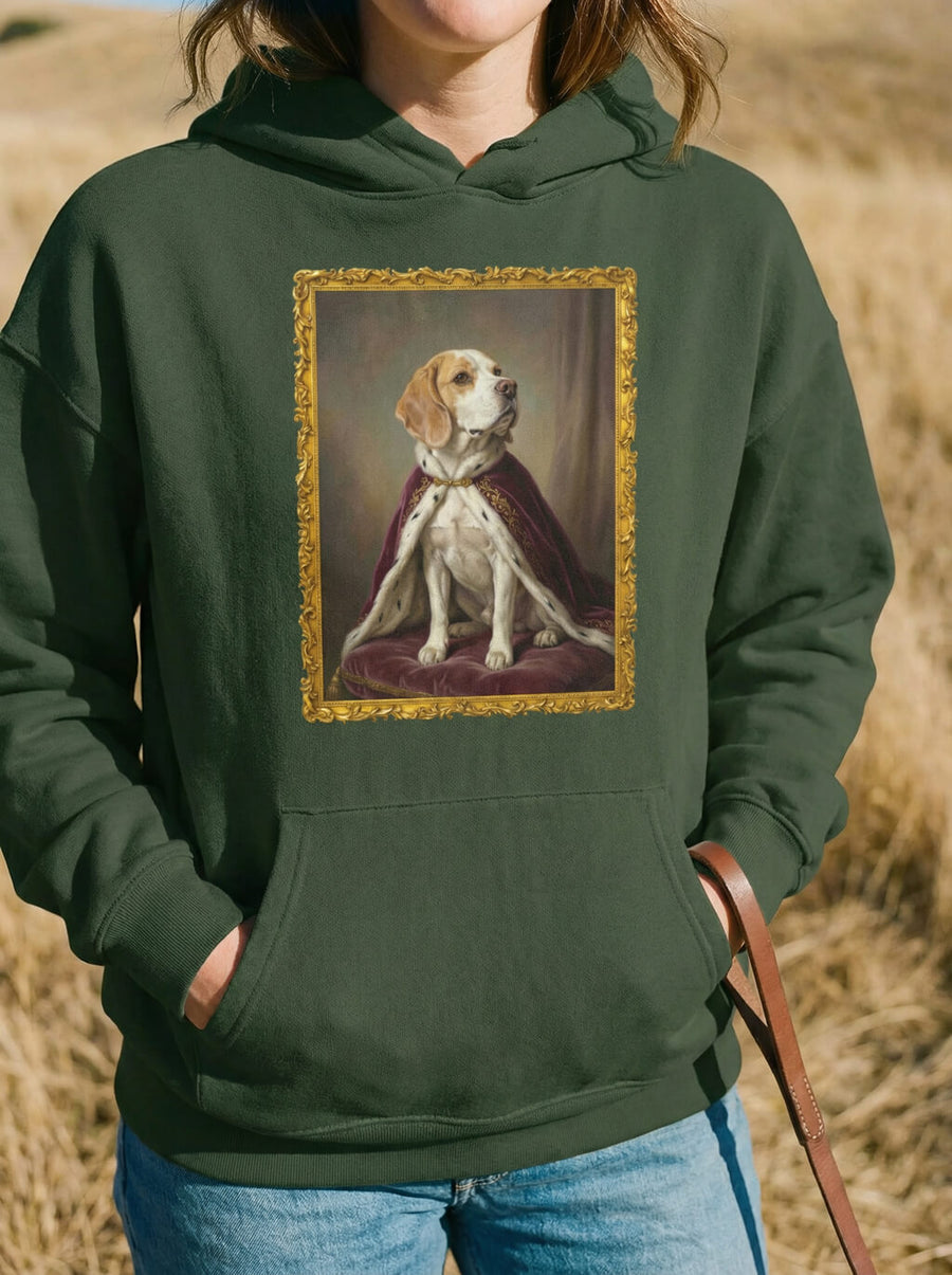 Green custom royal dog portrait hoodie from WOOF with a regal framed portrait