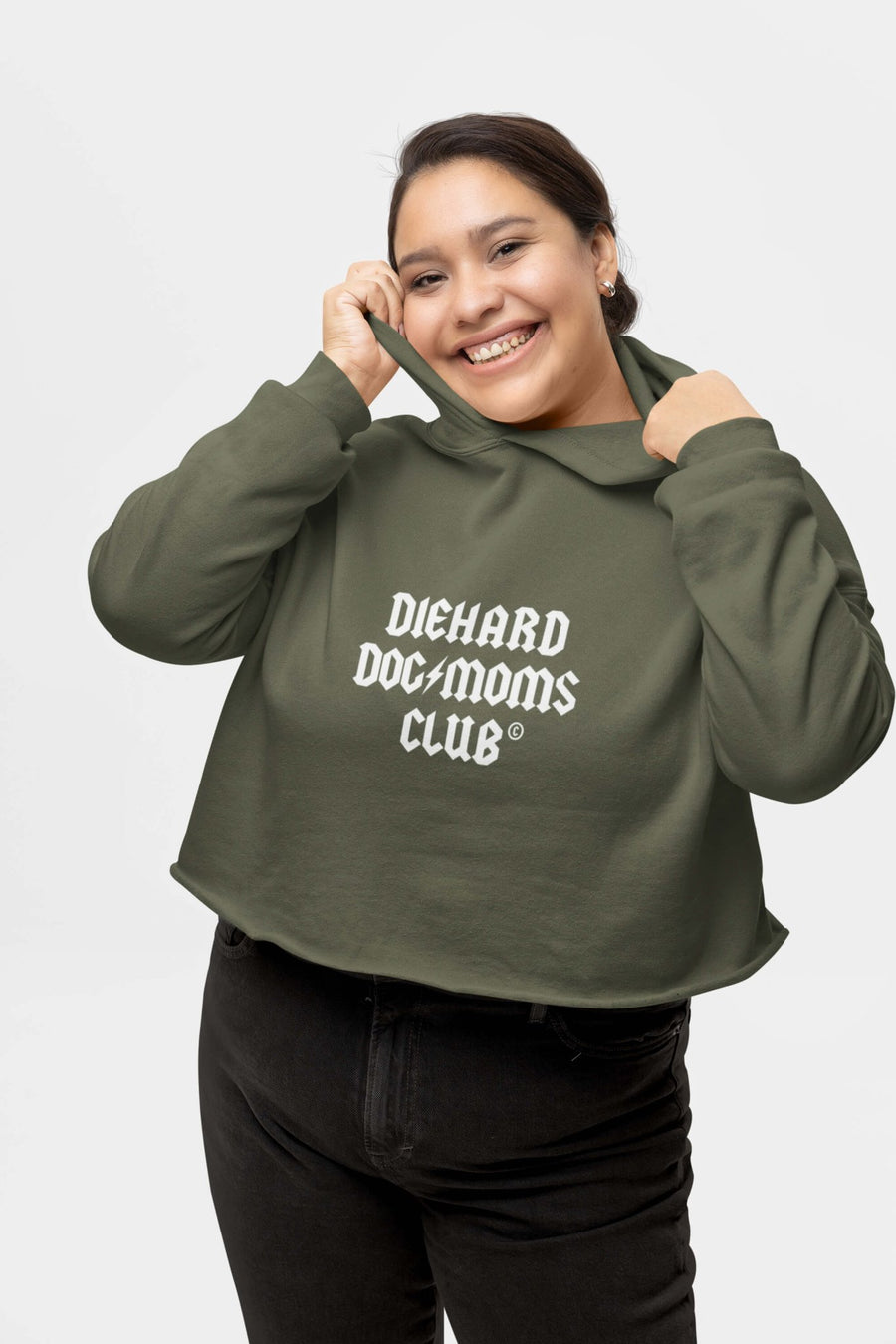 Military green Diehard Dog Moms Club Crop Hoodie from WOOF, front view