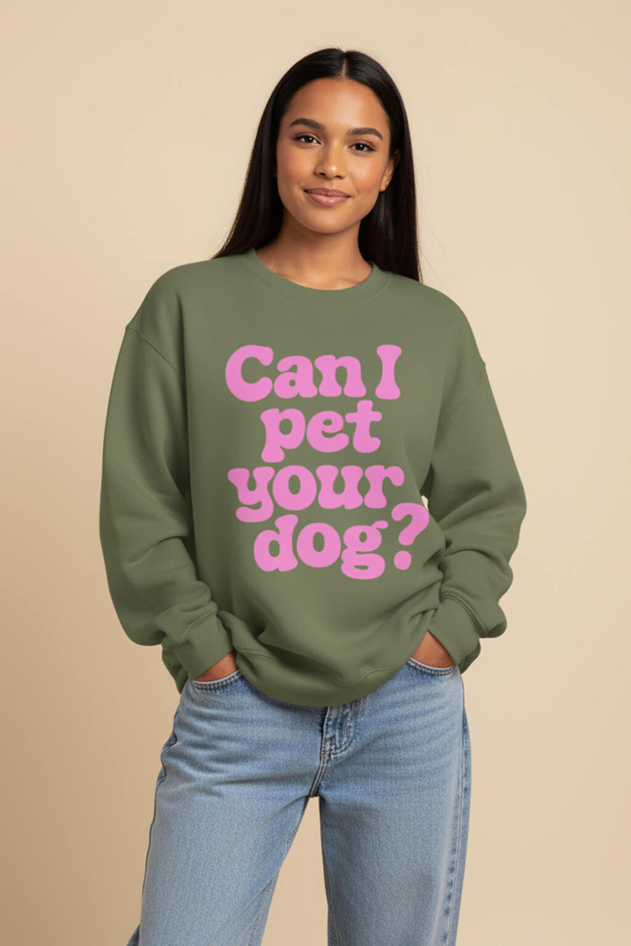 Military green Can I Pet Your Dog Sweatshirt from WOOF on a plain background