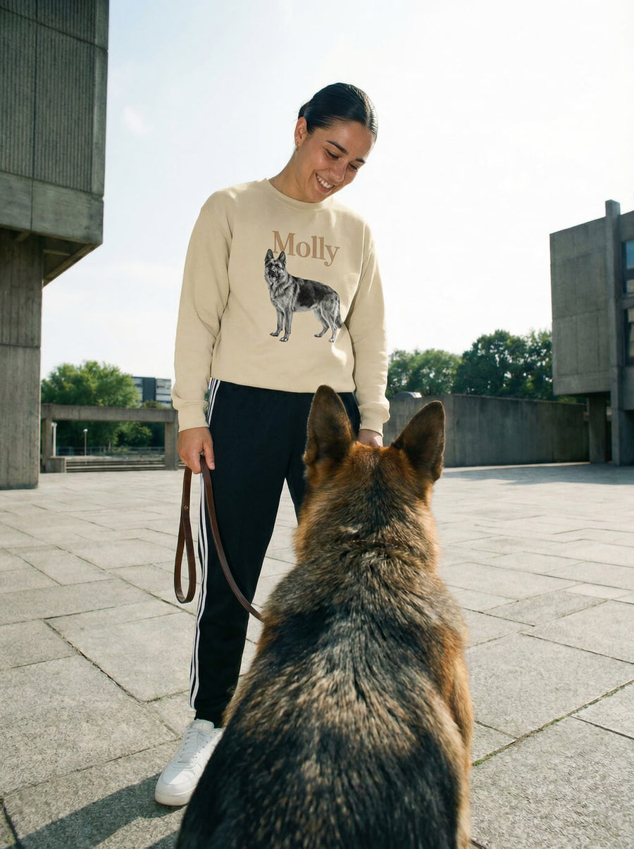 Custom dog sketch sweatshirt from WOOF in beige, portrait example
