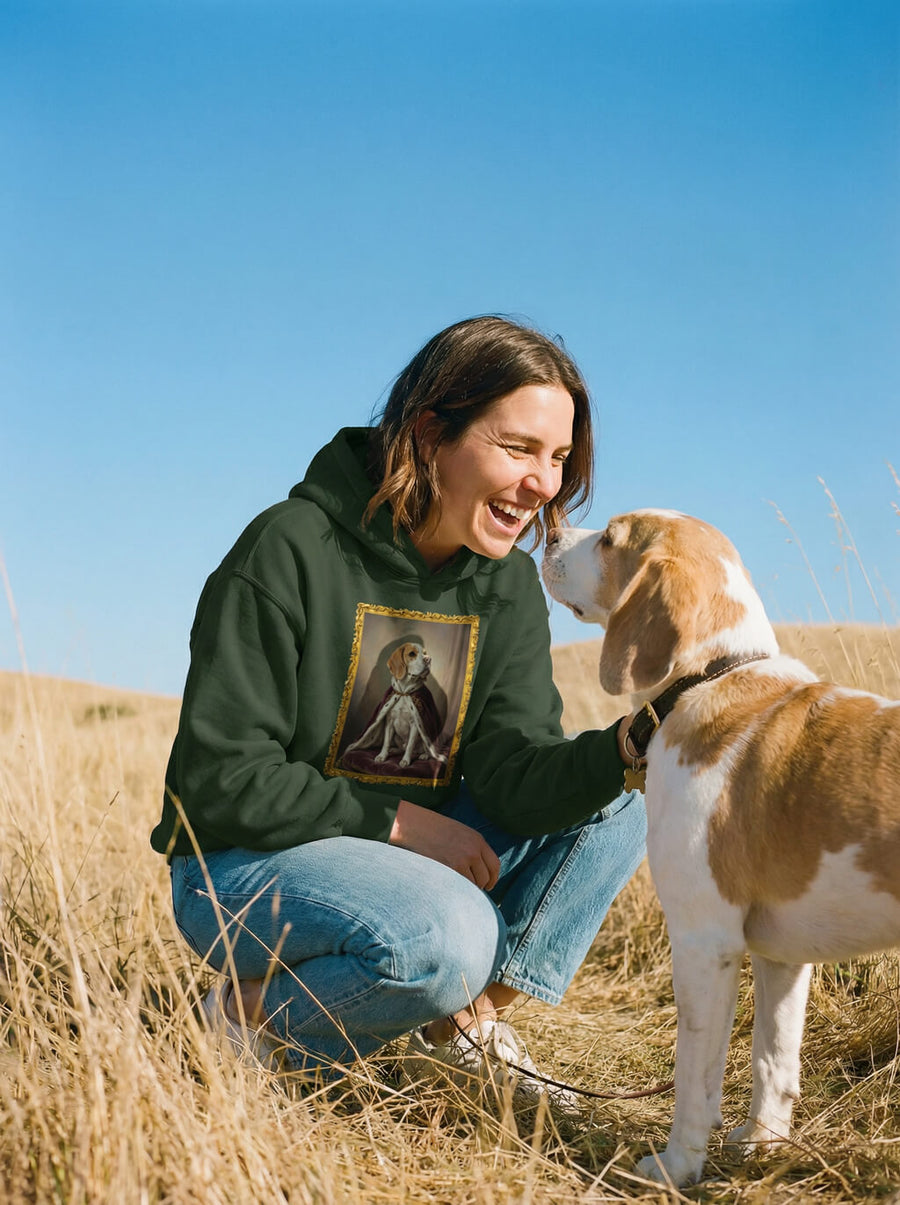 Custom royal dog portrait hoodie from WOOF in green, portrait example