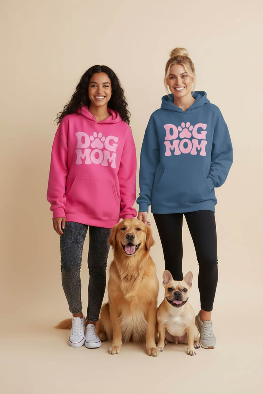 Blue and pink Dog Mom Hoodies from WOOF photographed together, front view
