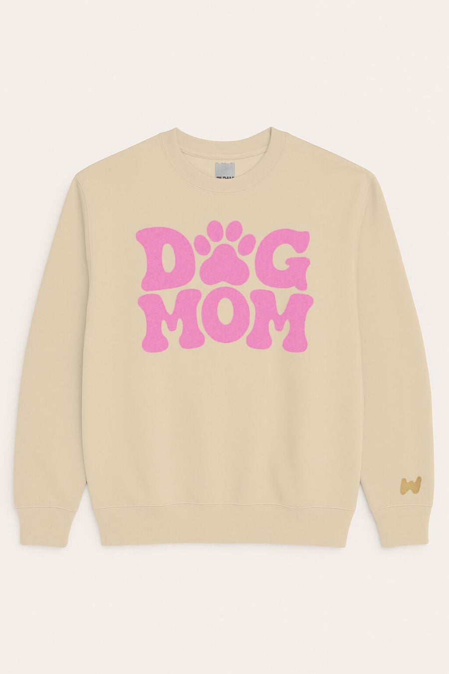 Beige Stylish Dog Mom Sweatshirt from WOOF laid flat, front view