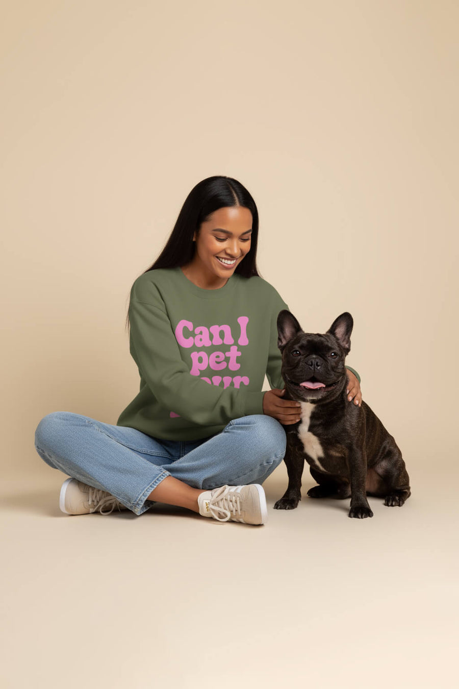 Military green Can I Pet Your Dog Sweatshirt from WOOF laid flat, front view