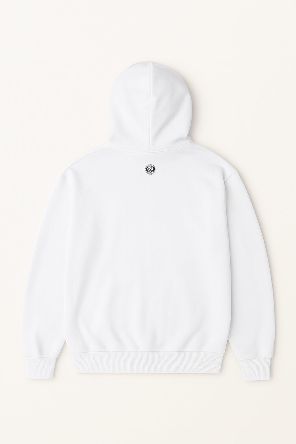 The Dog Mom Hoodie by Dogloverclothing.com is shown from the back, featuring a small round black and white paw-print logo centered below the hood on a plain white design.
