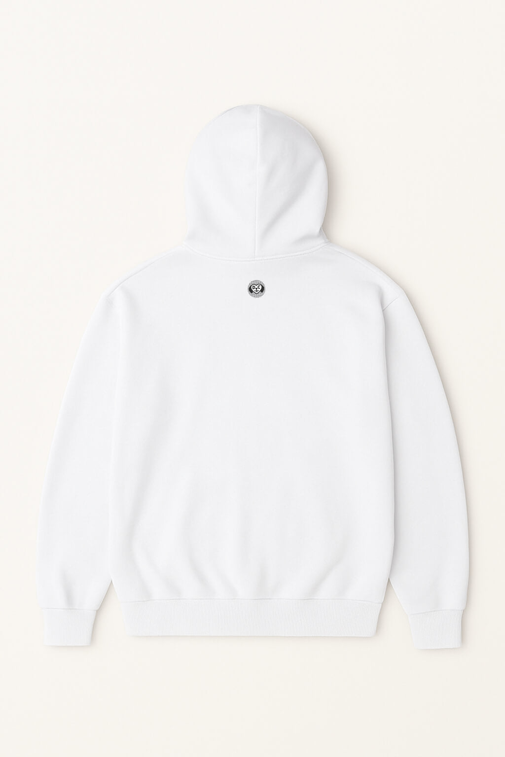 The Dog Mom Hoodie by Dogloverclothing.com is shown from the back, featuring a small round black and white paw-print logo centered below the hood on a plain white design.