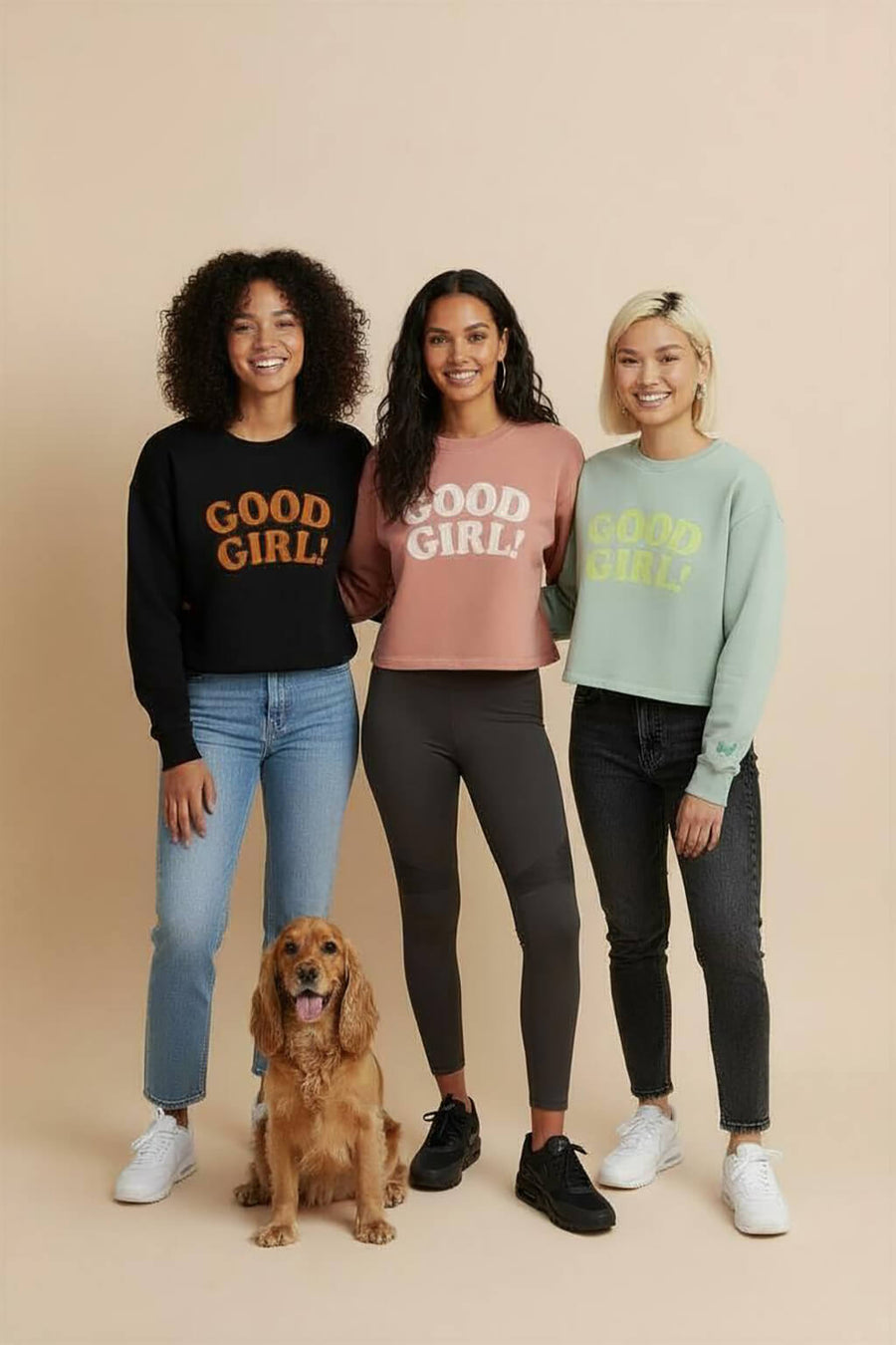 Good Girl Crop Sweatshirts from WOOF in black, red and mint green side by side