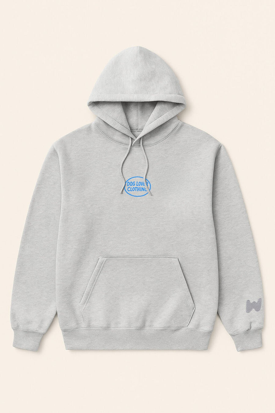 Heather grey Life is Better with a Dog Hoodie from WOOF laid flat, front view