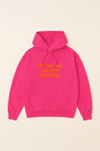 The Dogloverclothing.com Bold My Dog And I Talk Embroidered Hoodie is a bright pink, ultra-comfy hoodie with a front pocket, hood, and bold yellow My dog and I talk sh*t about you text.
