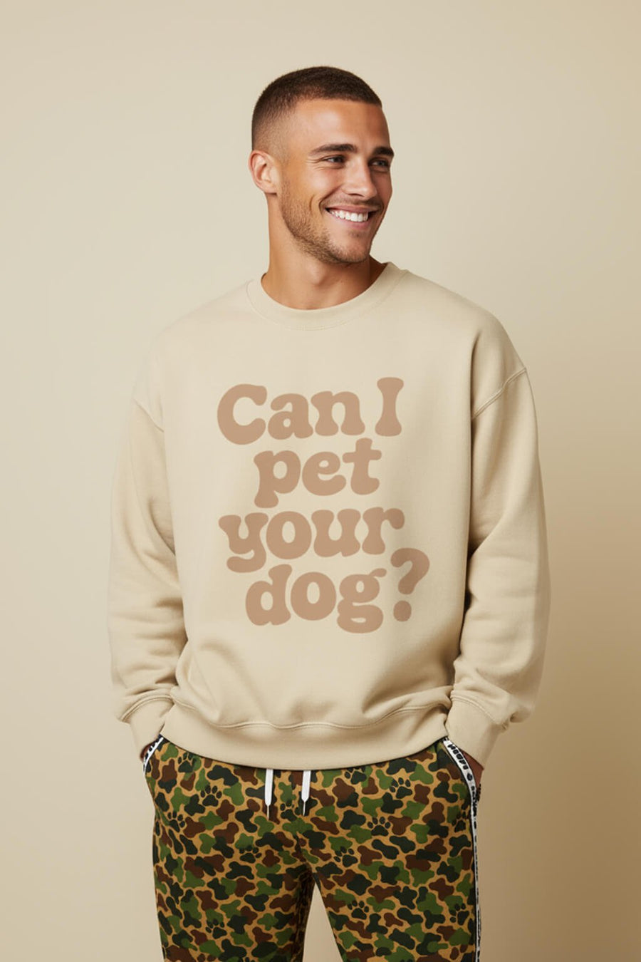 Beige Can I Pet Your Dog Sweatshirt from WOOF, front view