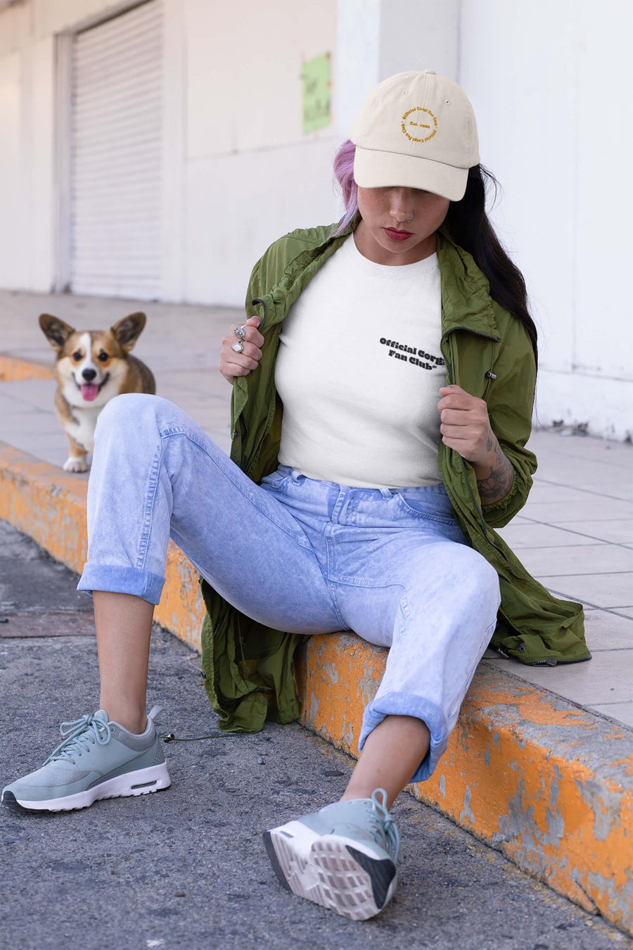 Embroidery detail on the beige Corgi Fan Club cap from WOOF