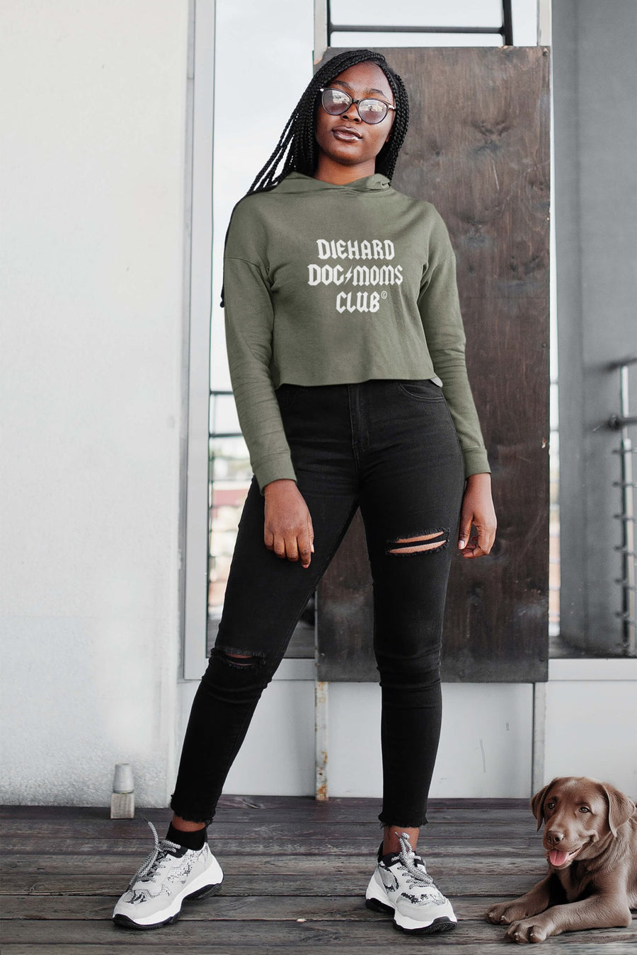 Model wearing the military green Diehard Dog Moms Club Crop Hoodie from WOOF