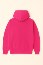 The Bold My Dog And I Talk Embroidered Hoodie by Dogloverclothing.com is shown laid flat, bright pink with the hood up and sleeves spread, crafted from premium fabric for comfort, displayed on a light beige background from the back.