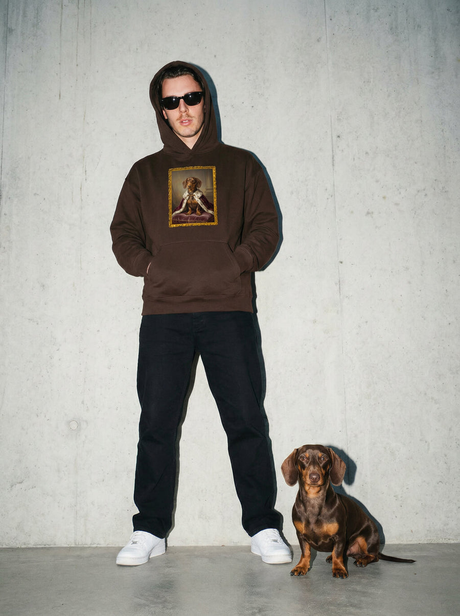 Custom royal dog portrait hoodie from WOOF in brown, portrait example