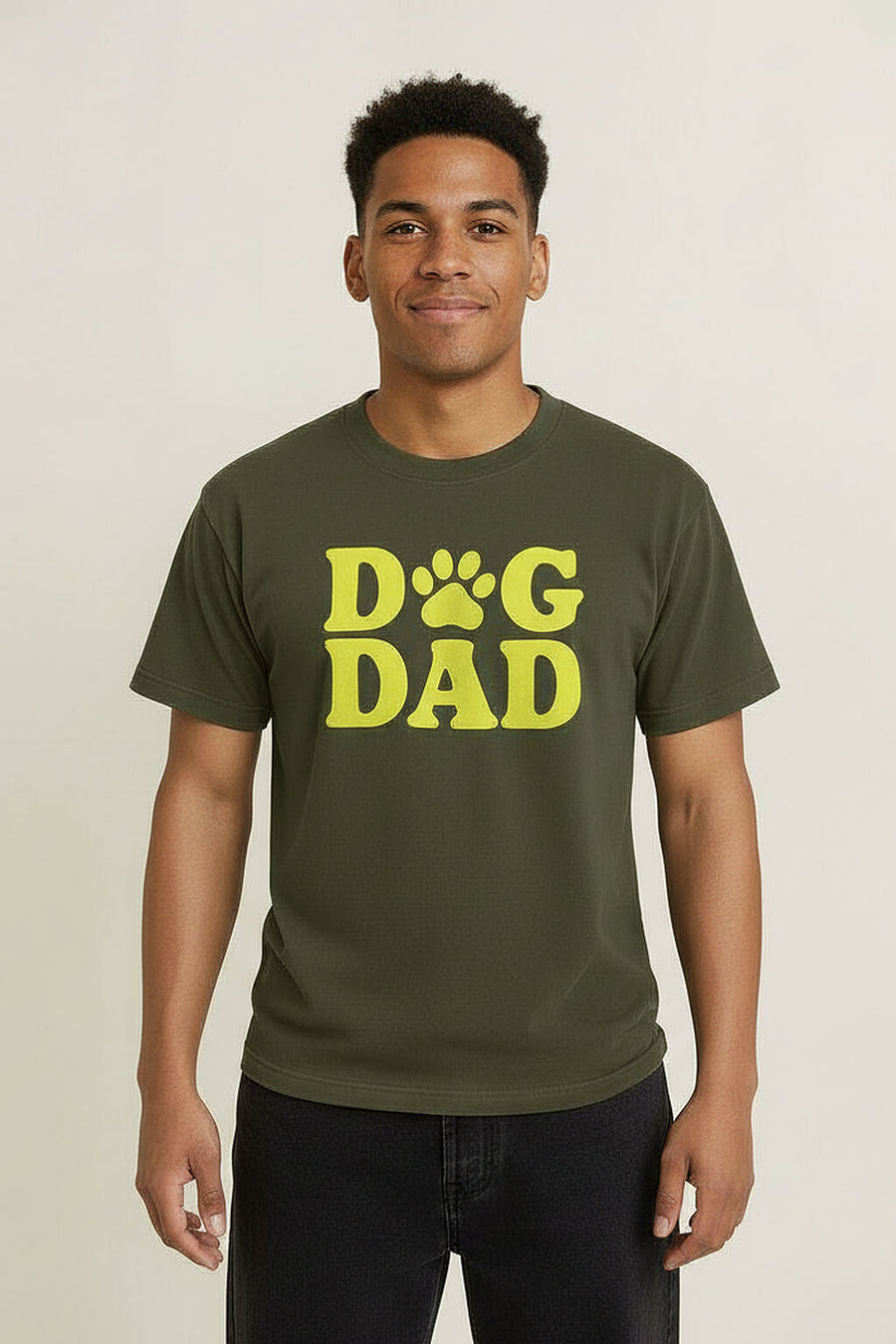 Green Soft Dog Dad T-Shirt from WOOF, front view with the Dog Dad print