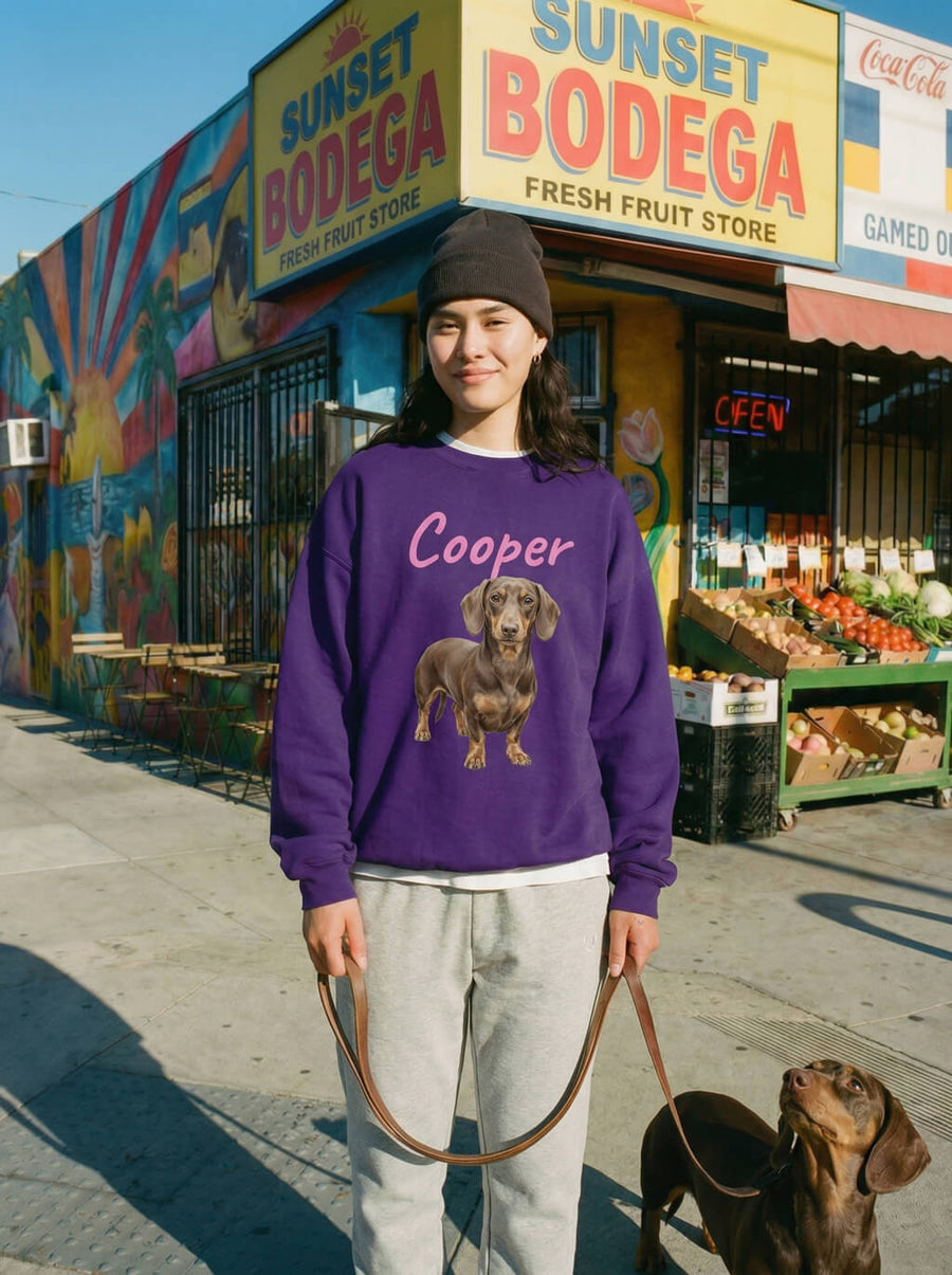 Purple custom dog illustration sweatshirt from WOOF, front view