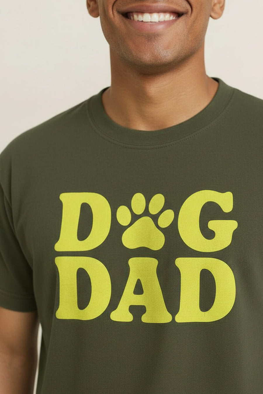 Close up of the print on the green Soft Dog Dad T-Shirt from WOOF
