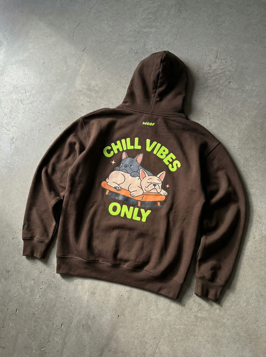 Brown Chill Vibes Only French Bulldog Hoodie from WOOF, front view