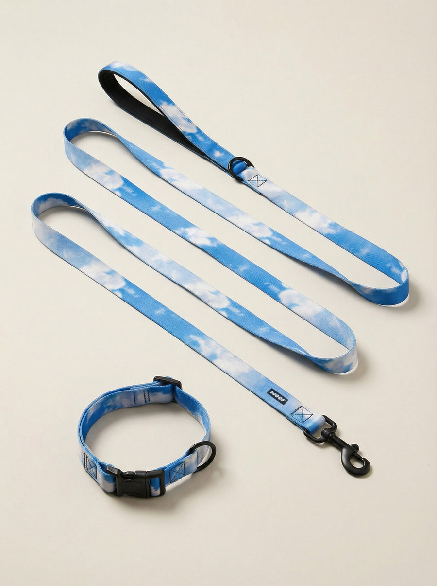Happy Clouds dog collar and leash set from WOOF, front view of the cloud print
