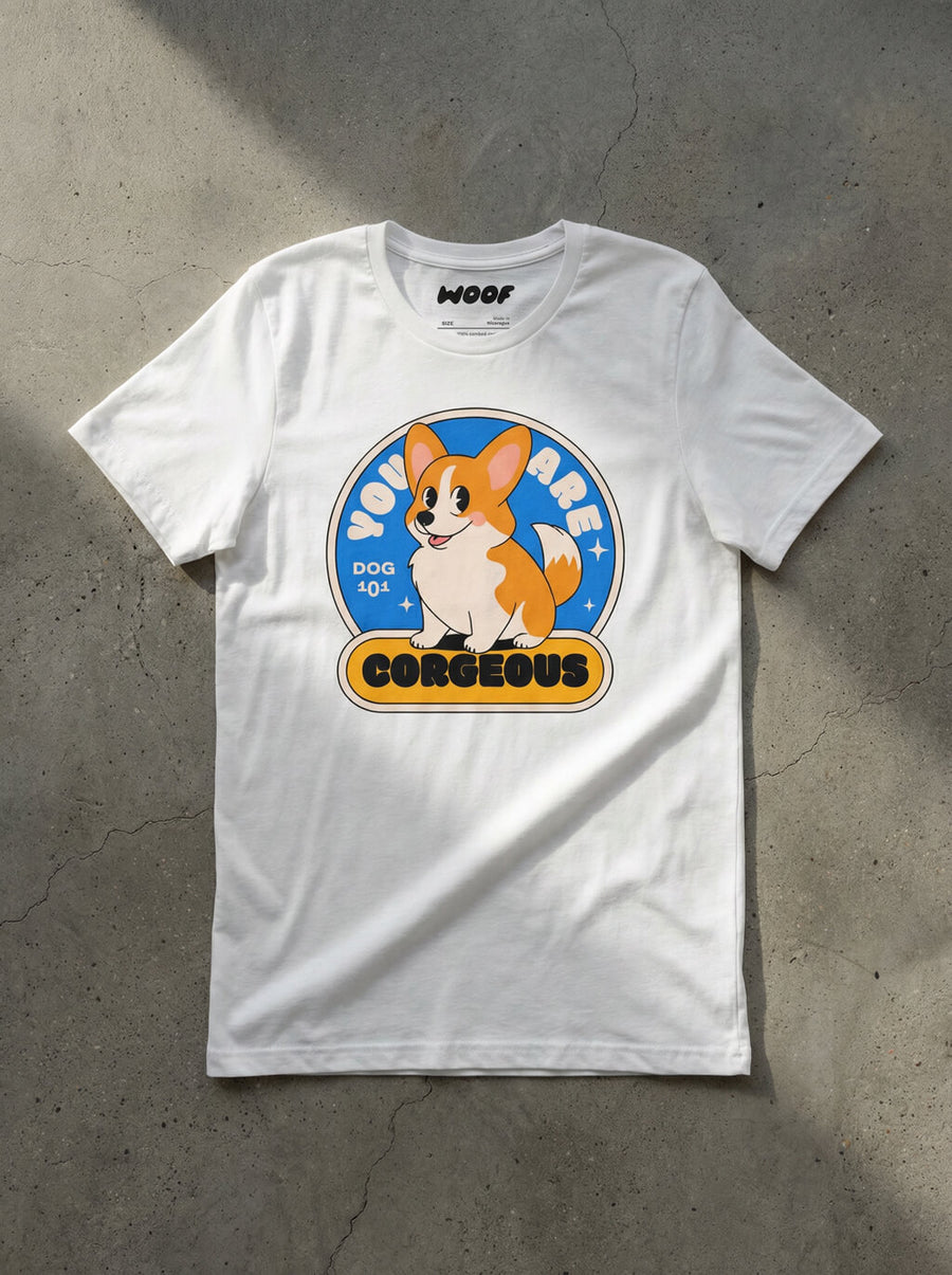 Corgeous Corgi T-Shirt from WOOF, front view with the pun print