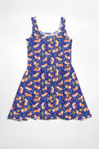 The Cute Corgi Garden Party Skater Dress by Dogloverclothing.com features a fitted bodice and flared skirt with a playful fox, flower, and foliage pattern on a dark blue background, creating a casual and whimsical look.