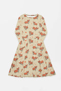 The Cozy Corgi Long Sleeve Midi Dress by Dogloverclothing.com presents a whimsical fox pattern on beige with a flared skirt, offering the perfect blend of comfort and style for any occasion. Displayed flat against a white background, it features playful poses and seamless elegance.