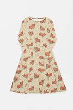 The Cozy Corgi Long Sleeve Midi Dress by Dogloverclothing.com presents a whimsical fox pattern on beige with a flared skirt, offering the perfect blend of comfort and style for any occasion. Displayed flat against a white background, it features playful poses and seamless elegance.