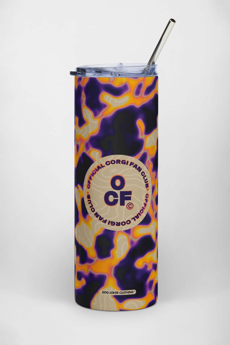 Insulated steel tumbler from WOOF with the Corgi Fan Club design, front view