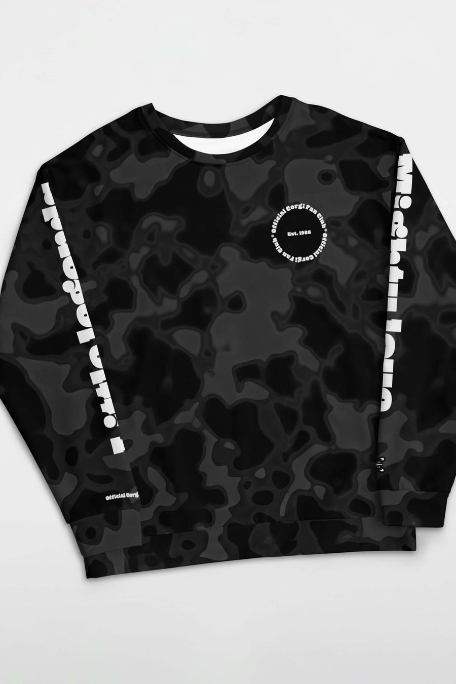 Corgi Fan Club Elite Camo Sweatshirt from WOOF in black and grey camo, front view with sleeve print